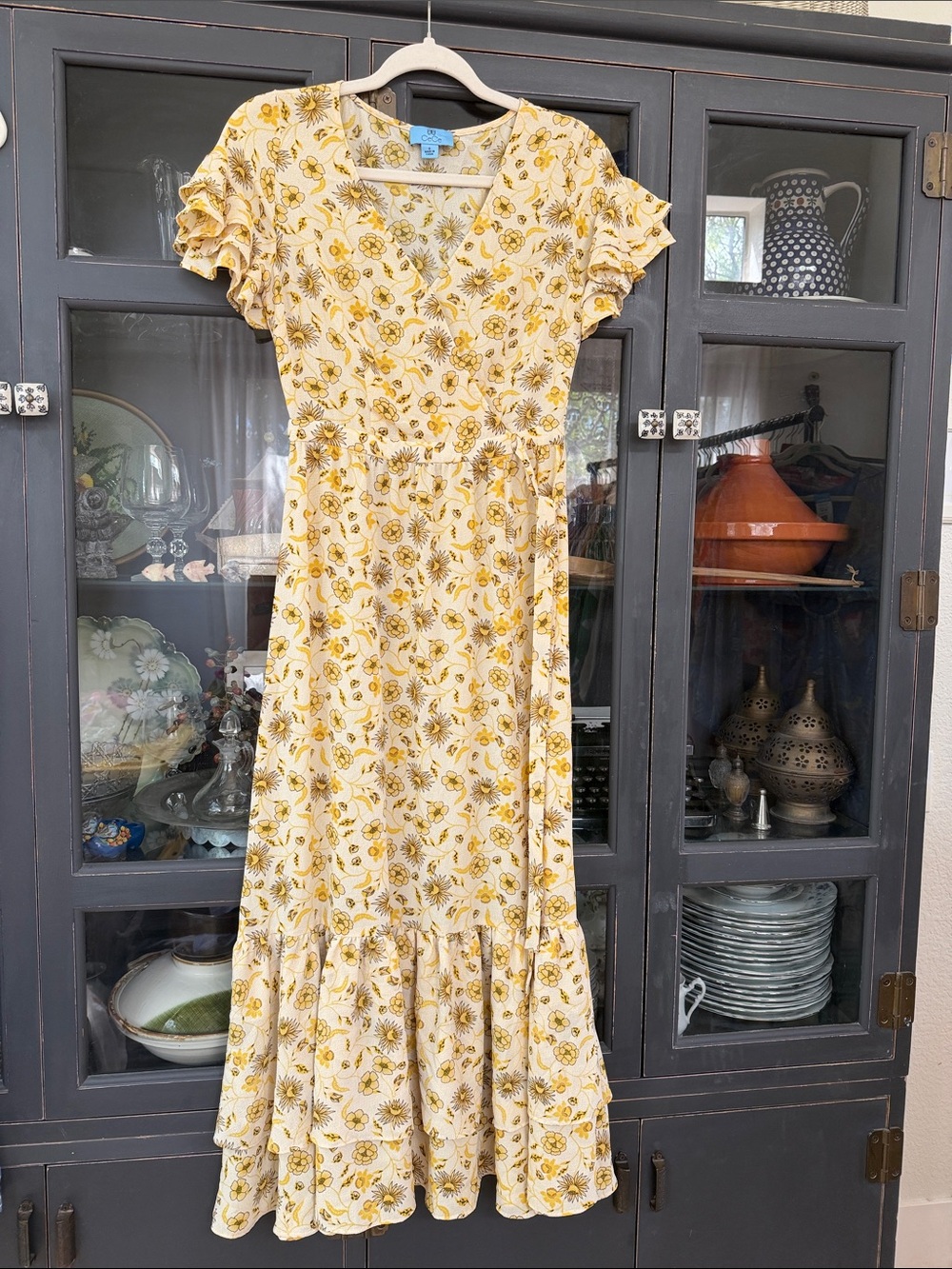 CeCe Yellow Floral Wrap-Style Maxi Dress with Ruffle Sleeves - Size 0